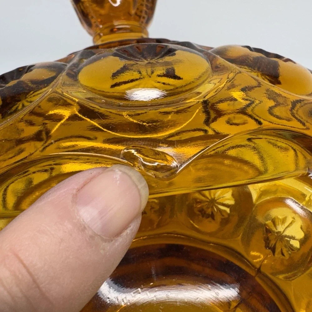 L.E. Smith Candy Dish Amber Vintage Moon and Star Glass Pedestal Lidded MCM Bowl